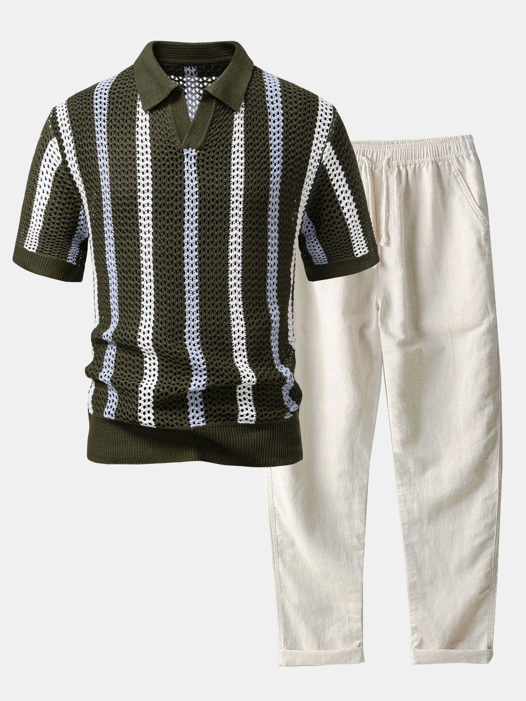 Polo rayé en crochet col en V & pantalon en lin à jambe droite