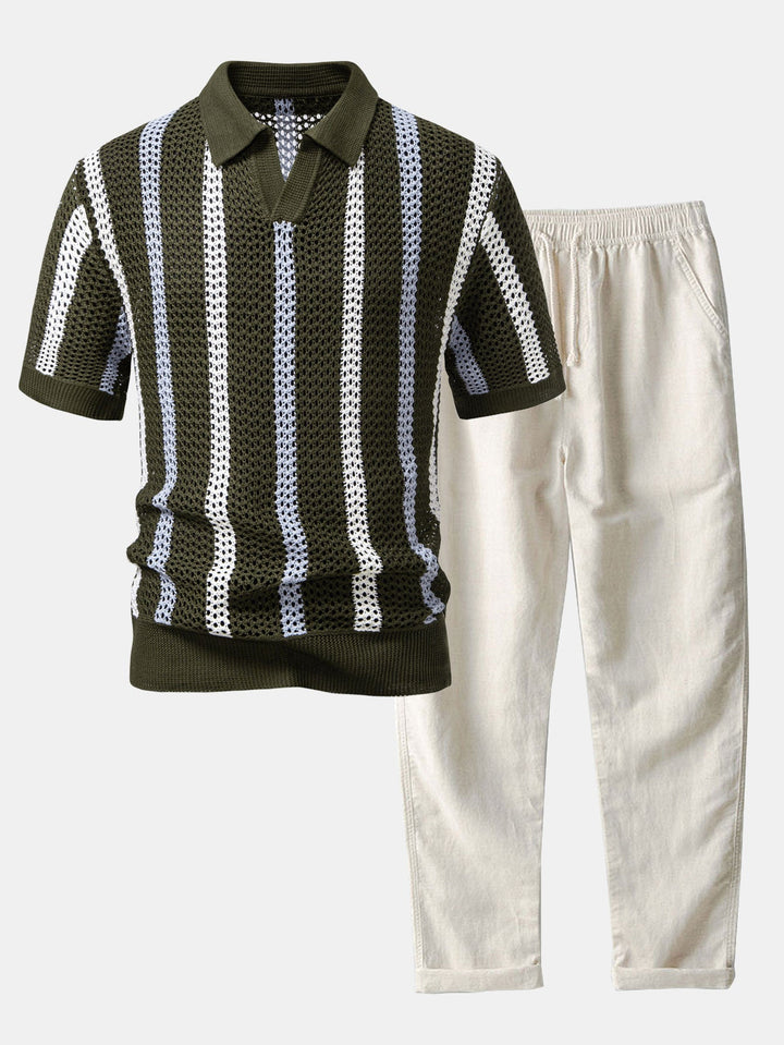 Polo rayé en crochet col en V & pantalon en lin à jambe droite