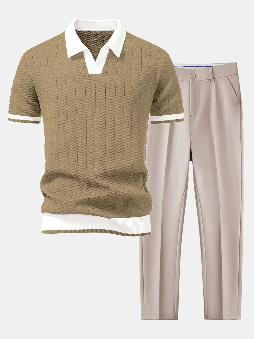 Polo à col en V tricoté à contraste de texture & pantalon fuselé slim fit