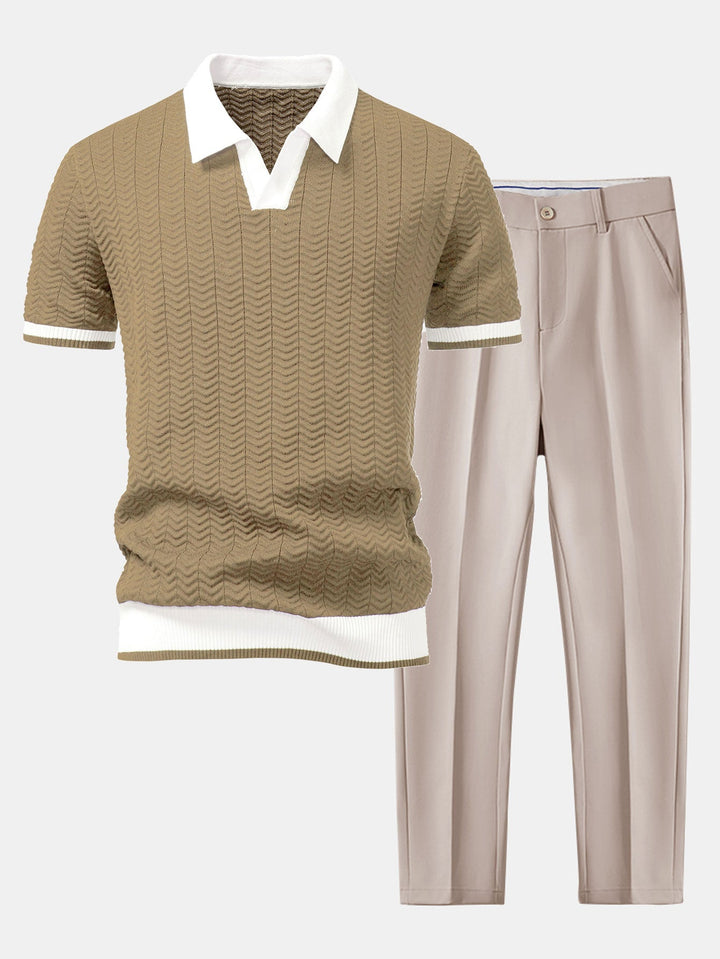 Polo à col en V tricoté à contraste de texture & pantalon fuselé slim fit