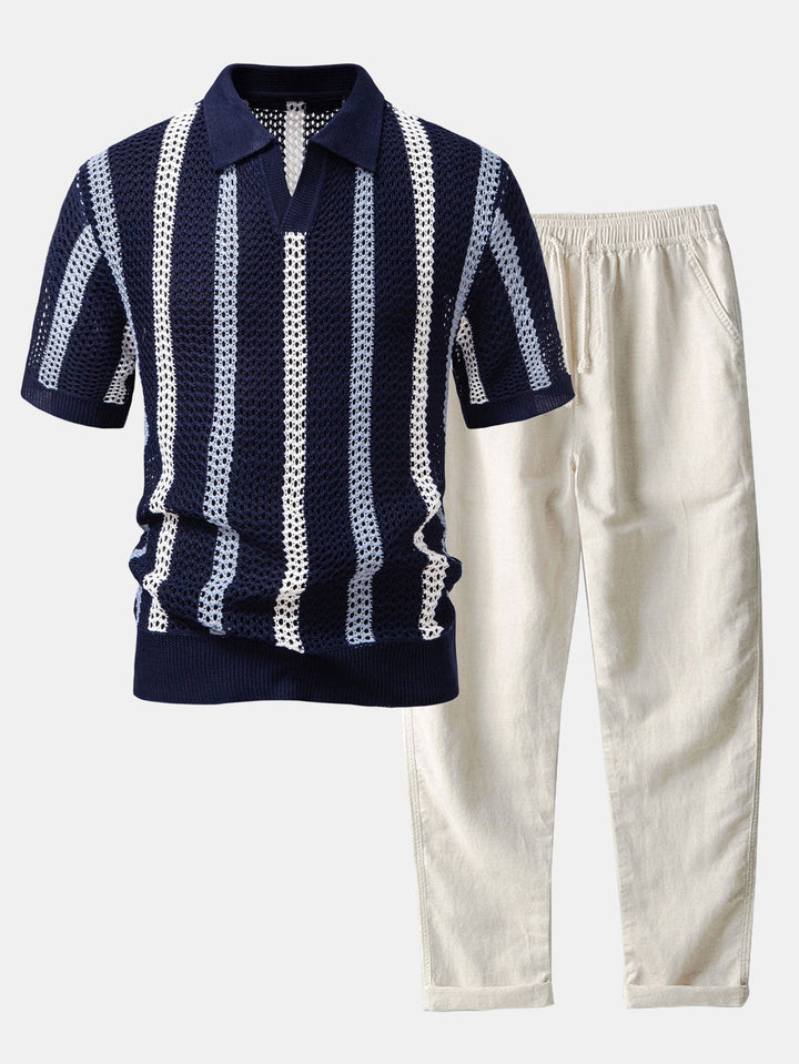 Polo rayé en crochet col en V & pantalon en lin à jambe droite