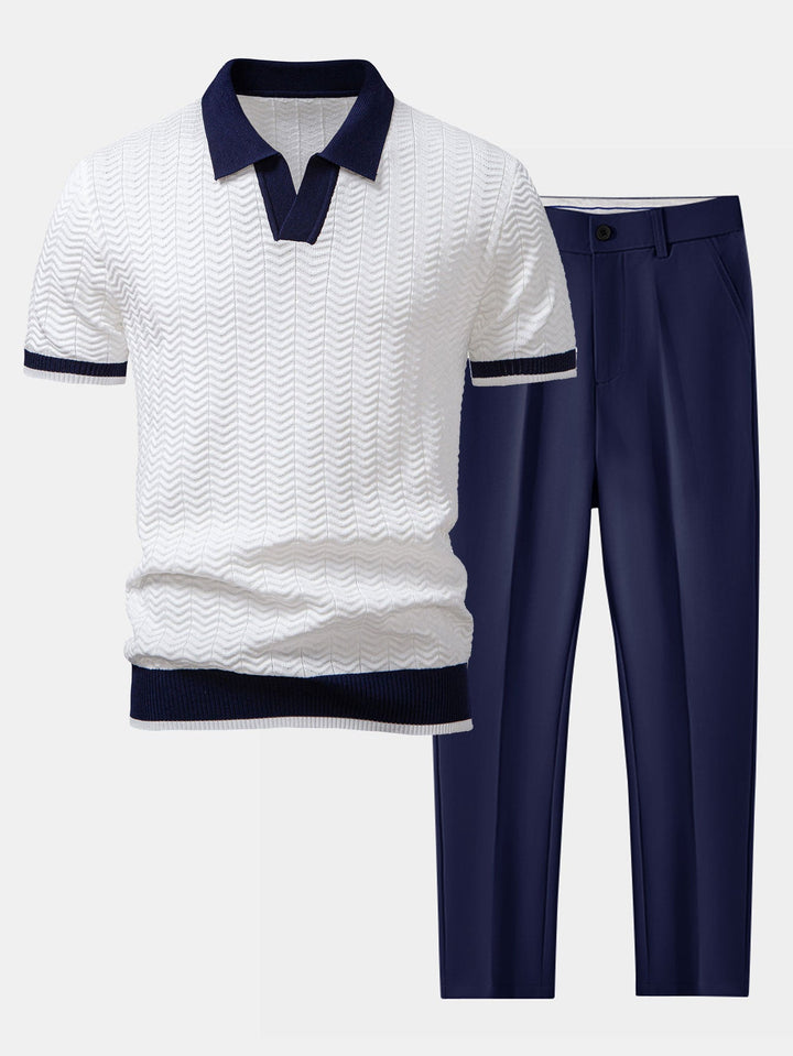 Polo à col en V tricoté à contraste de texture & pantalon fuselé slim fit