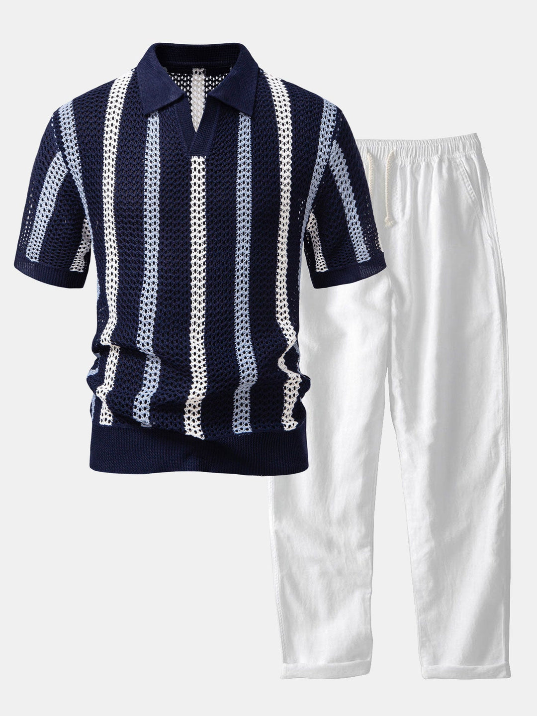 Polo rayé en crochet col en V & pantalon en lin à jambe droite