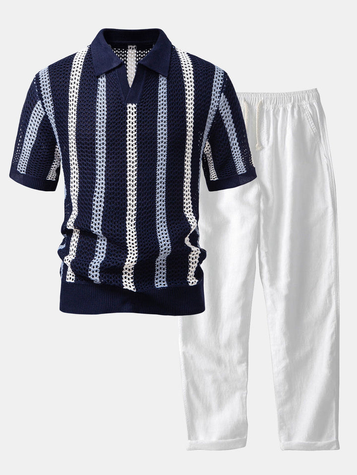 Polo rayé en crochet col en V & pantalon en lin à jambe droite