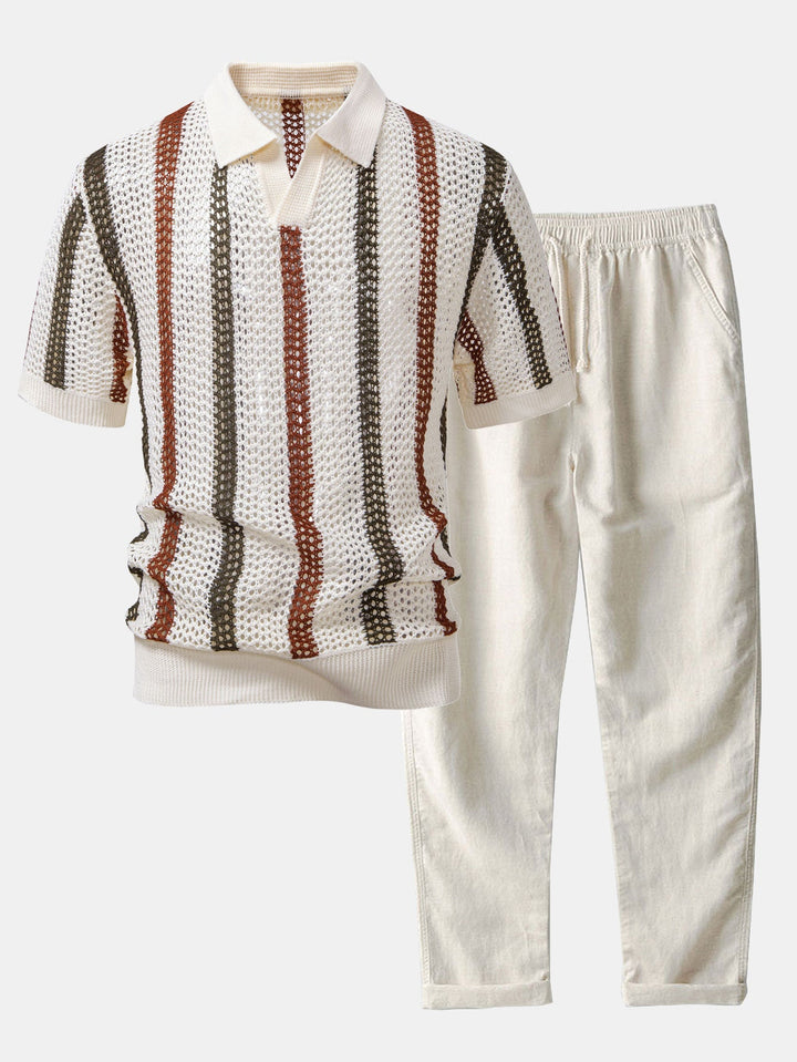Polo rayé en crochet col en V & pantalon en lin à jambe droite