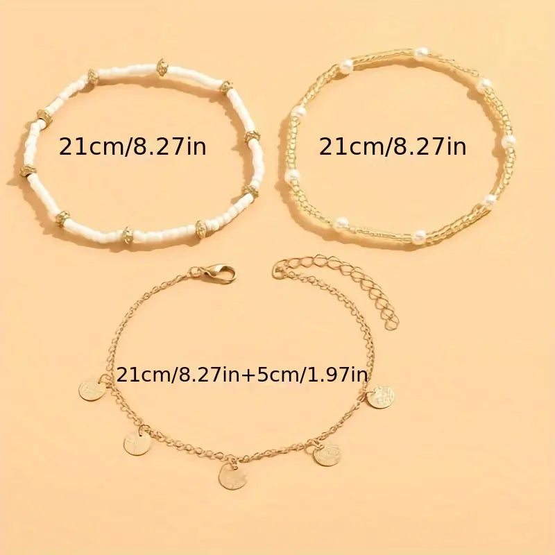 Ensemble de Bracelets de Cheville Superposés de Charme Côtier en 3 Pièces | Or