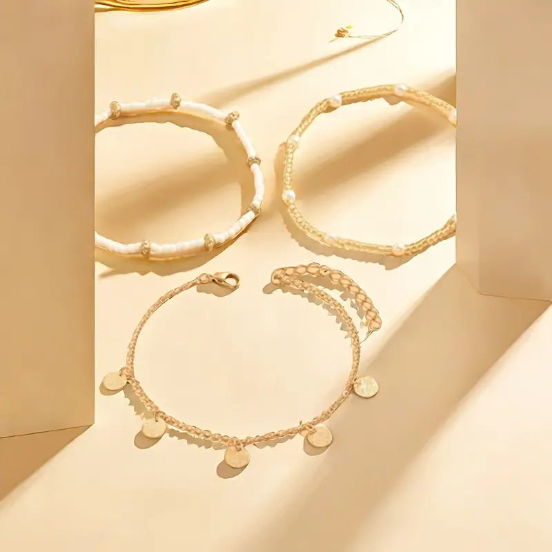 Ensemble de Bracelets de Cheville Superposés de Charme Côtier en 3 Pièces | Or