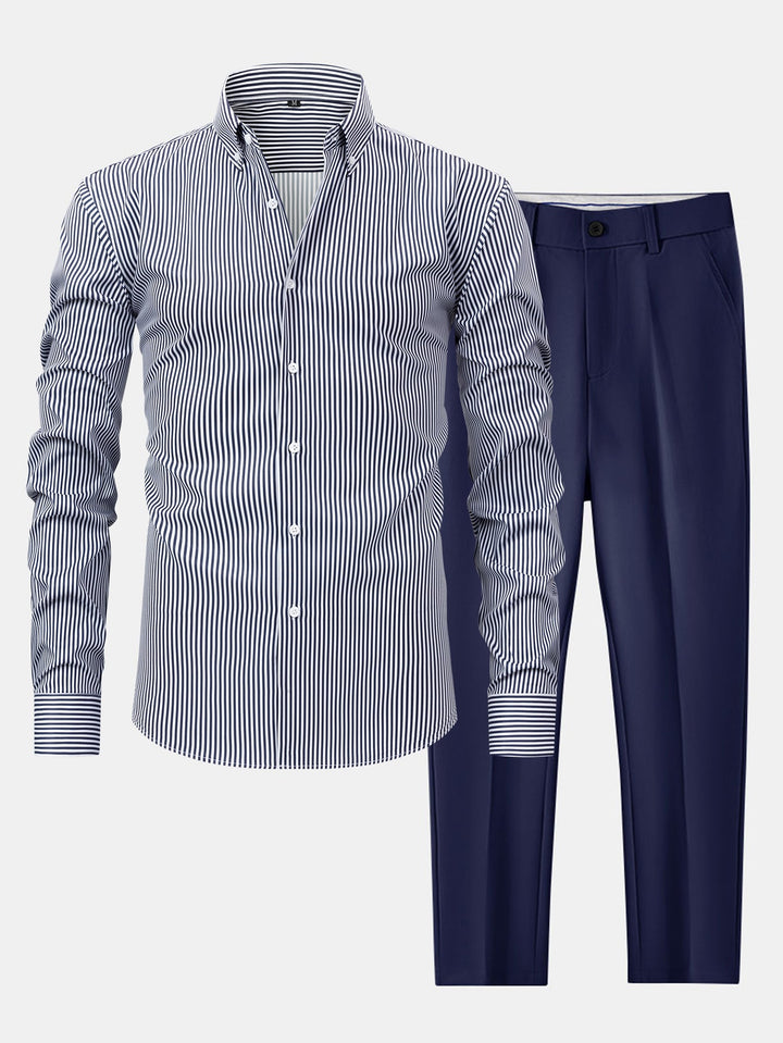 Chemise à rayures à manches longues avec boutons & pantalon fuselé slim fit
