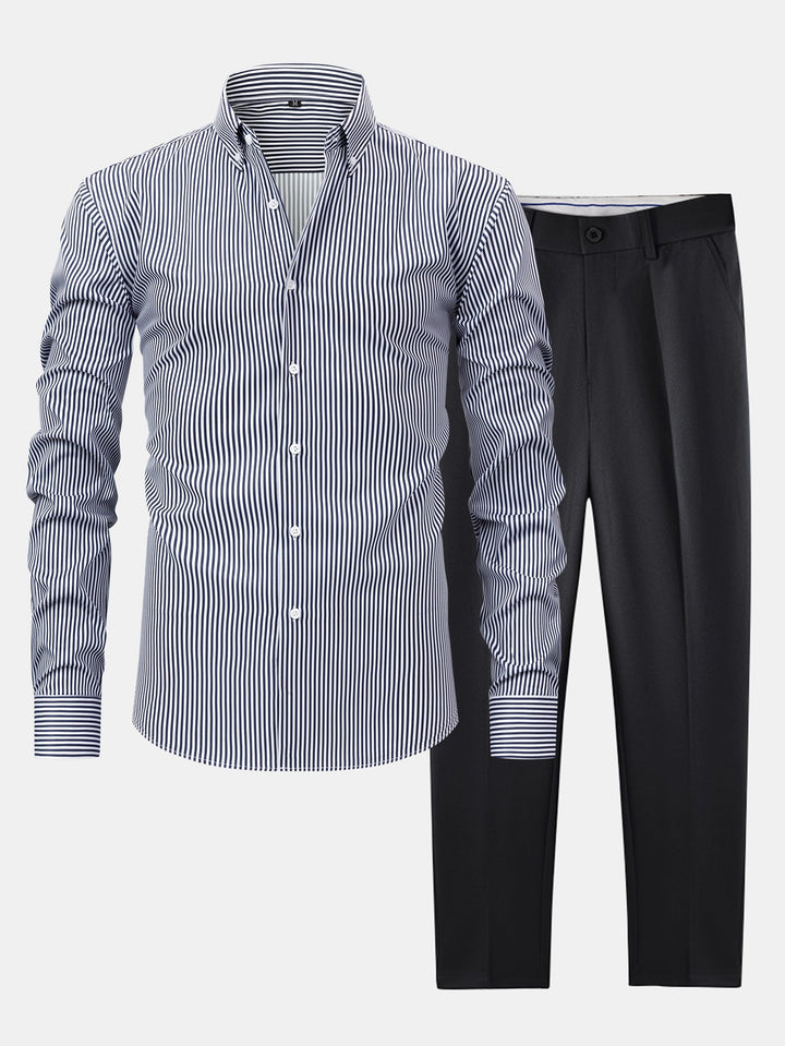 Chemise à rayures à manches longues avec boutons & pantalon fuselé slim fit