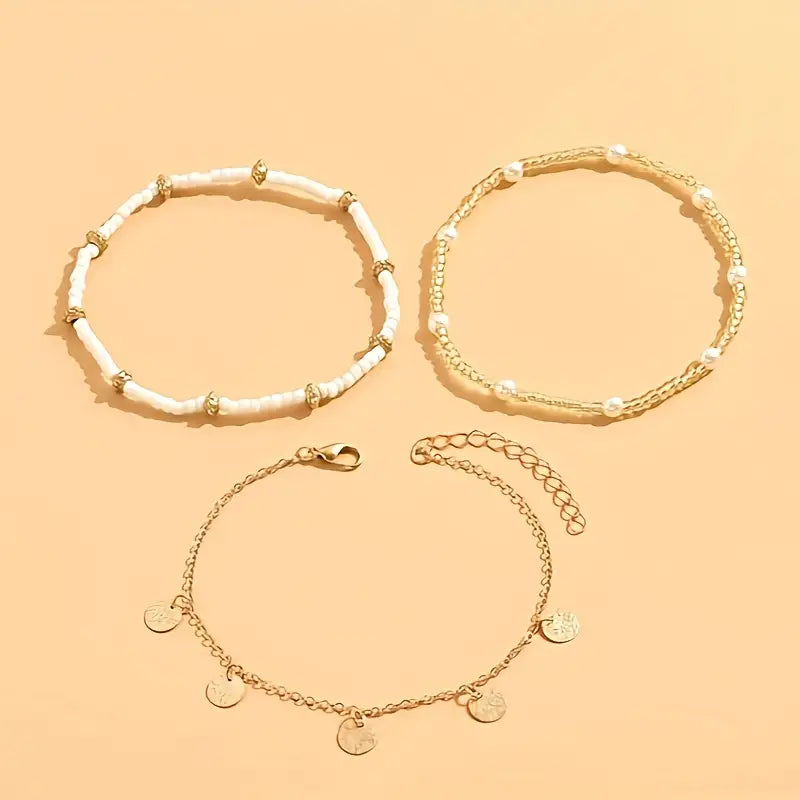 Ensemble de Bracelets de Cheville Superposés 3 Pièces | Or