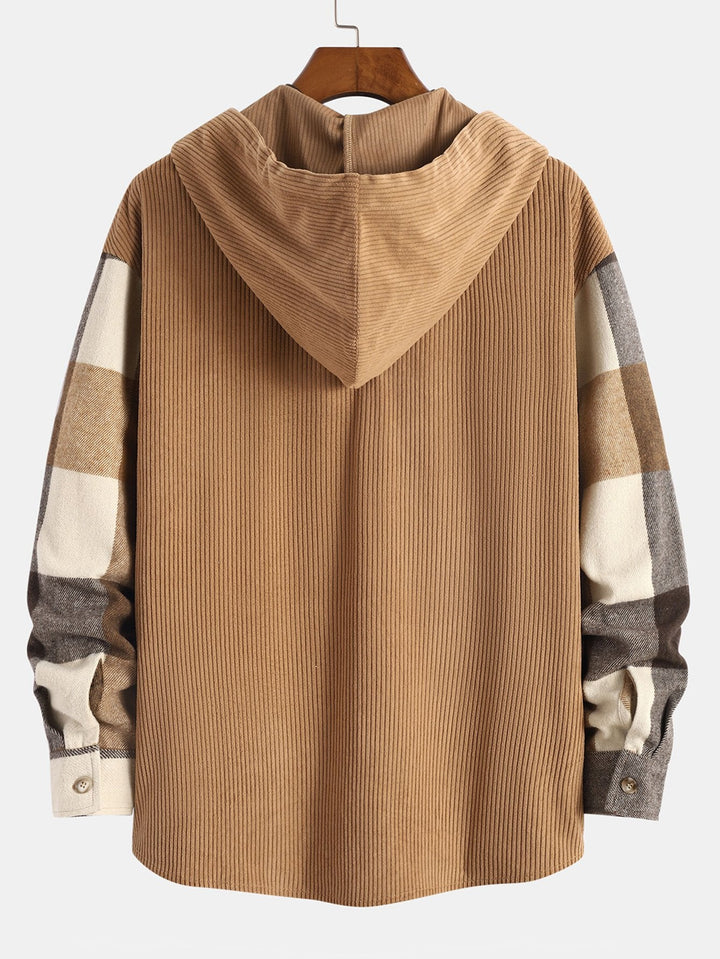 Chemise à capuche patchwork en flanelle à carreaux coupe décontractée & pantalon droit en velours côtelé