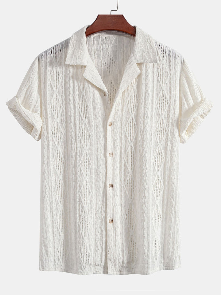 Chemise cubaine Jacquard géométrique et pantalon en lin à jambe droite